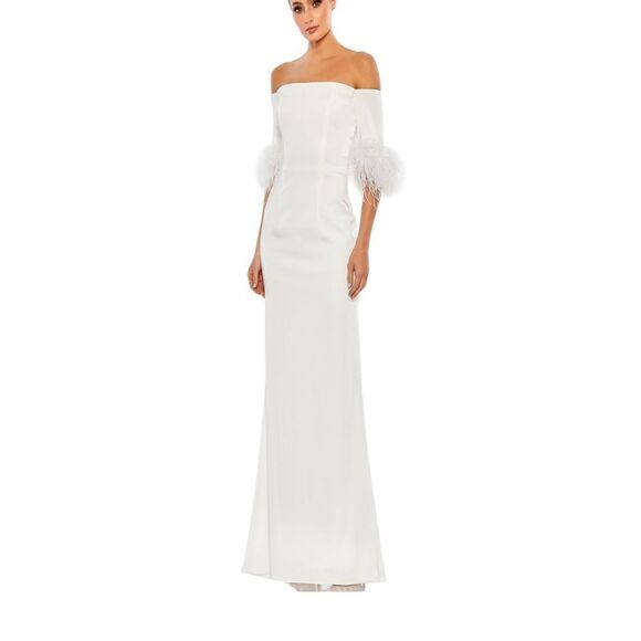 Mac Duggal 11441 White Feather Trim Off The Shoulder Column Gown | Size 10 - Picture 2 of 13